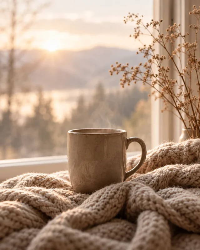 A cup of coffee resting on a soft knitted blanket in warm window light.