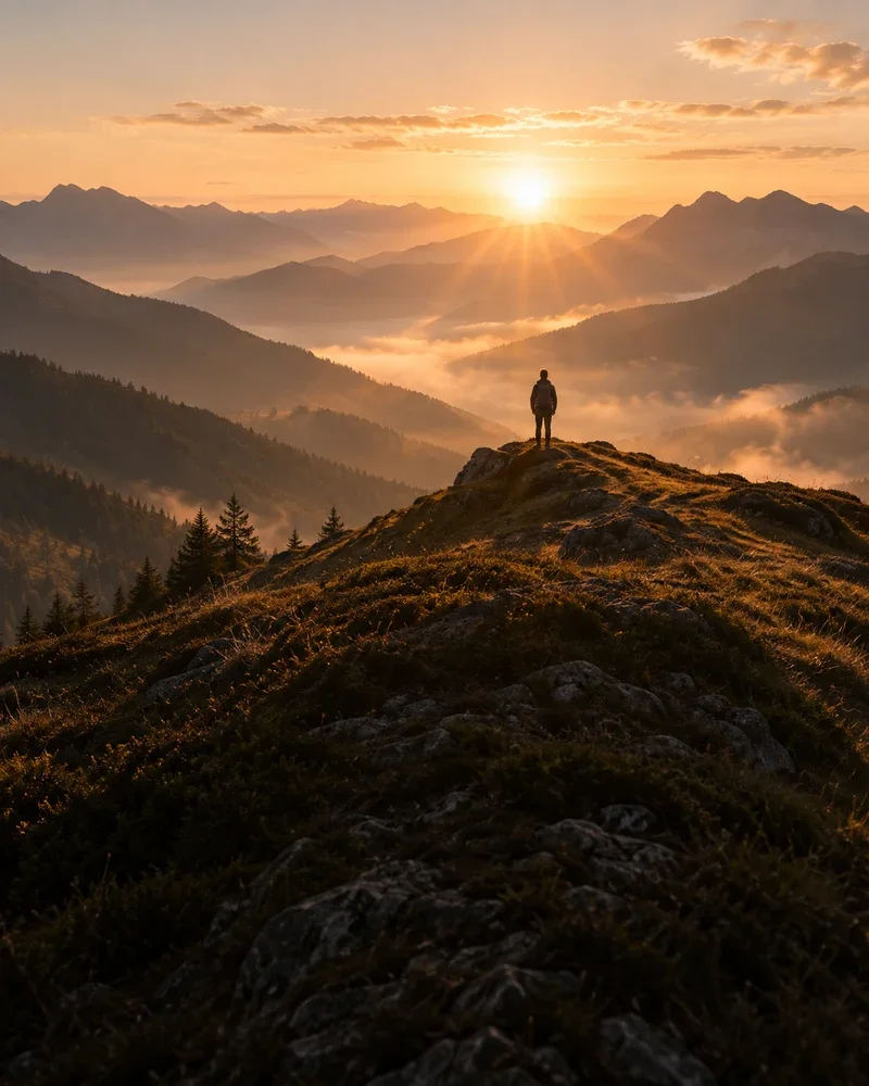 A sunlit mountain path continuing toward the horizon.