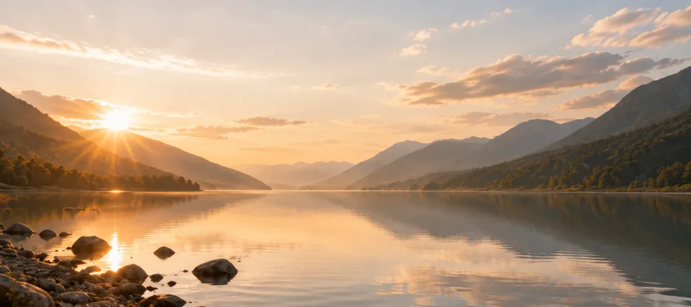 A quiet mountain landscape illuminated by sunrise.
