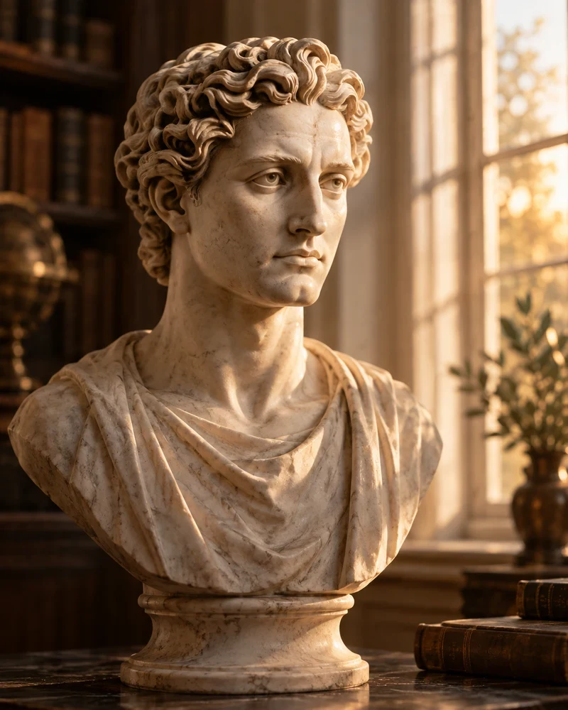 A classical stone bust in a warmly lit library.