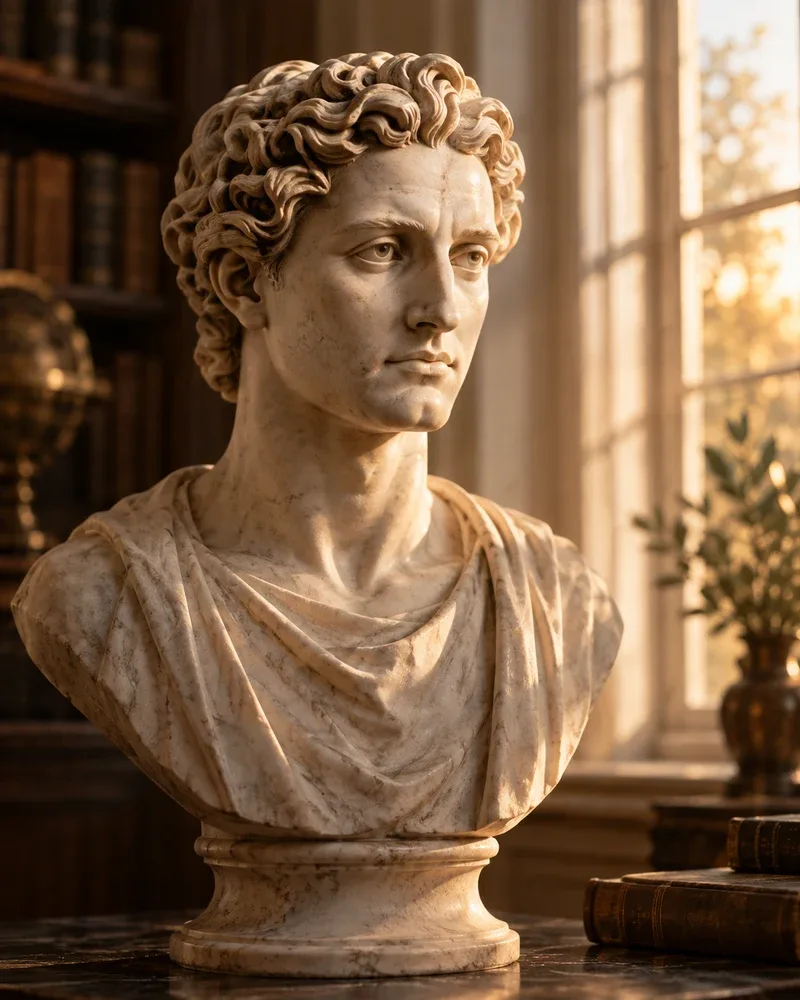 A classical stone bust in a warmly lit library.