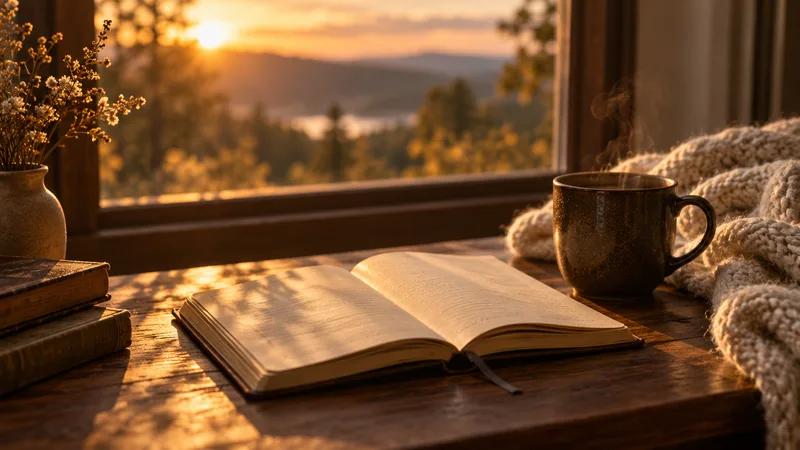 An open journal and warm cup beside a window.