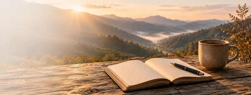 An open journal, pen, and cup before a mountain sunrise.