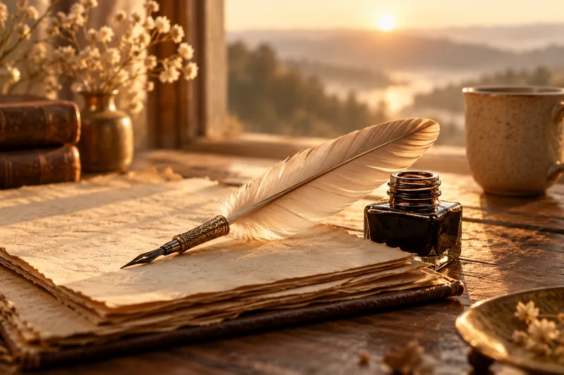 A feather quill resting across the pages of an open journal in warm light.