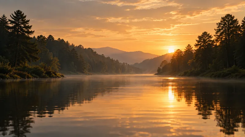 A river carrying warm light through a mountain valley.