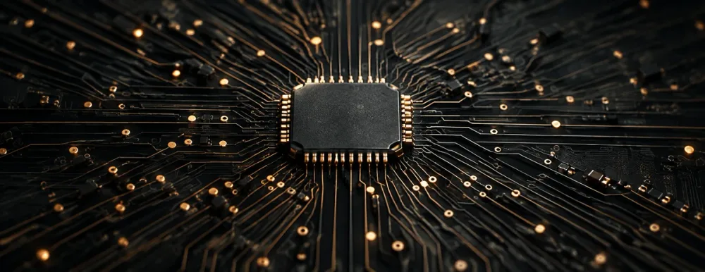 A dark circuit board with a gold-edged processor at its center.