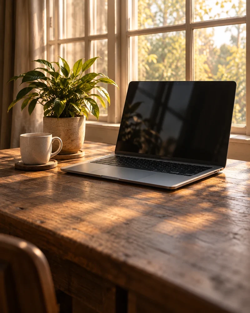 A laptop, plant, and coffee on a sunlit wooden table.